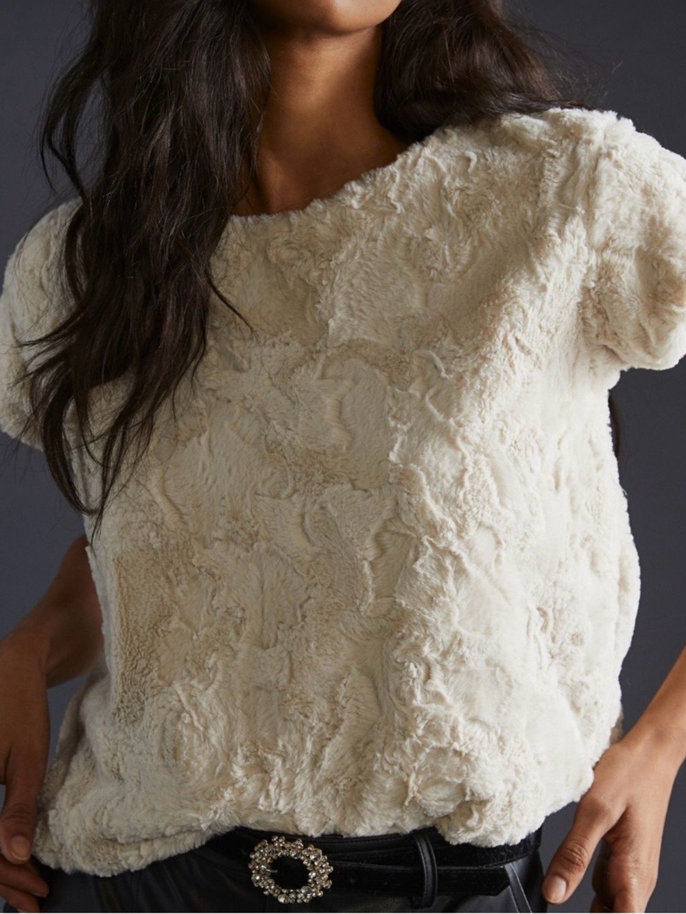 Anthropologie Maeve Cream Faux-Fur Tee - Large